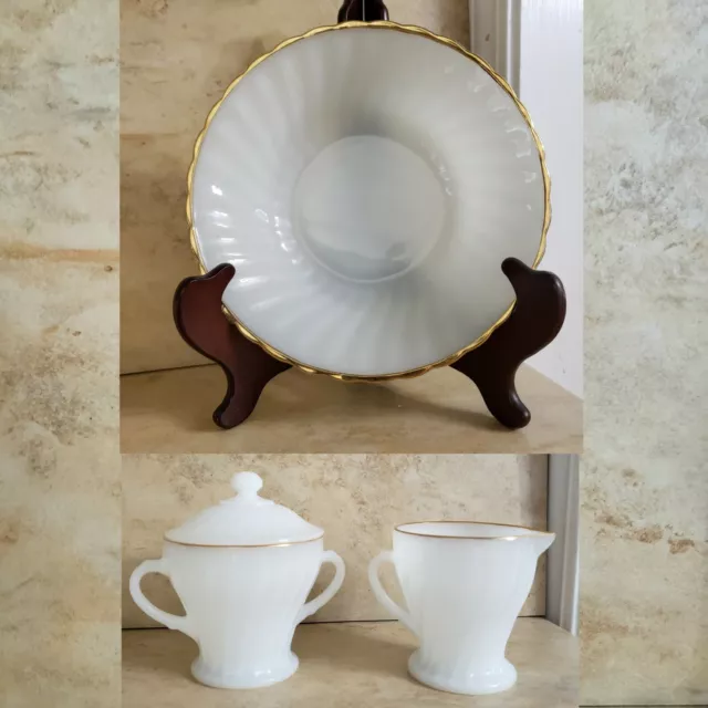 3 Pc~Anchor Hocking Golden Shell~Milk Glass~Footed Creamer & Sugar,Serving Bowl