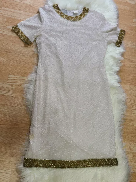 VINTAGE STENAY BEADED Evening Dress~100% Silk~White & Gold~Womens Sz 14 ...