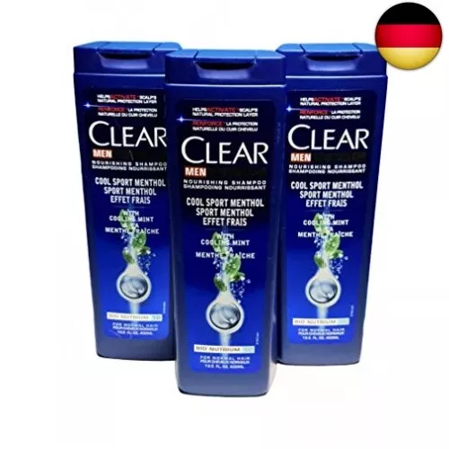 3x400ml CLEAR Men Shampoo Anti-Schuppen Cool Sport Menthol Bio NUTRIUM 10, für