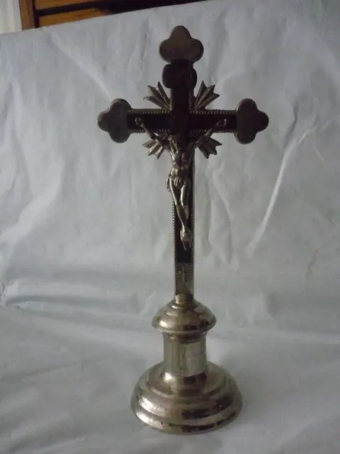 Antique French metal and wood Standing  Cross Jesus Crucifix