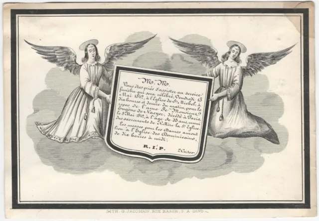 Cemetery: 1842 Belgian Mourning - Funeral Card with Sorrowing Angels on a Cloud