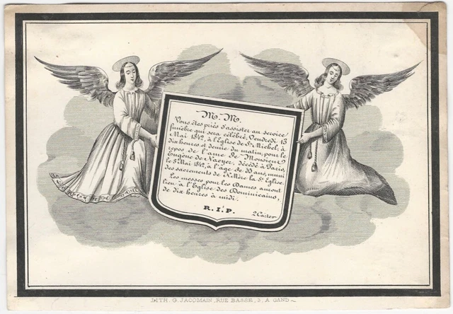 Cemetery: 1842 Belgian Mourning - Funeral Card with Sorrowing Angels on a Cloud