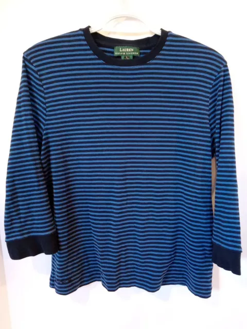 Lauren Ralph Lauren Womens L Shirt 3/4 Sleeve Crew Neck Blue Black Stripe