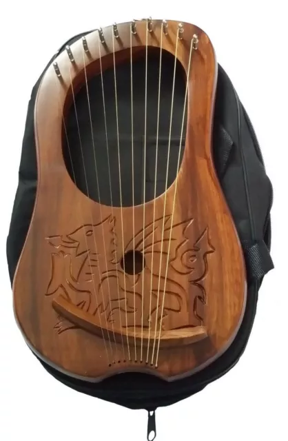 Irlandés Lyre Harp 10 Cuerda Grabada Welsh Dragón / Lira Arpa Madera Sheesham