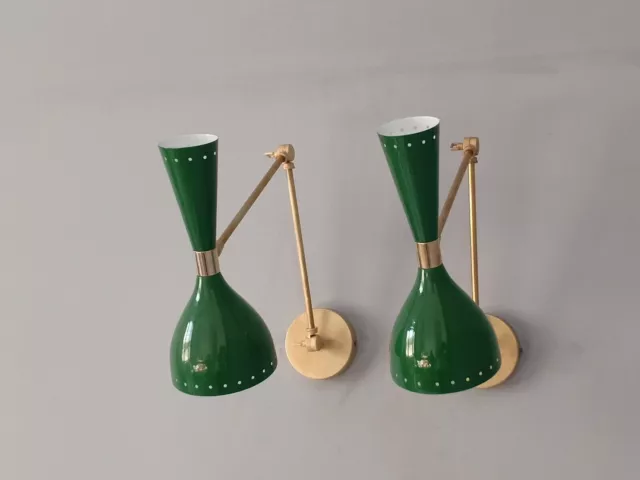 SET OF 2 1950's Mid Century Brass Italian Diabolo Wall Sconce Dark Green light