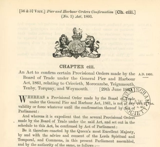 Antique Act of Parliament Pier Harbour Weymouth Tenby 1893 politics document