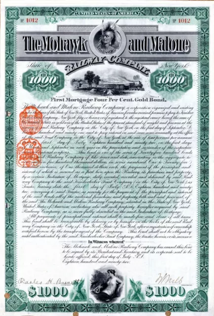 William Seward Webb signed Mohawk and Malone Railway Bond - Autograph $1,000 Rai