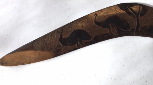 Aboriginal Old Mulga Wood Wooden Boomerang Carved Australian Emus Kangaroos Art 2