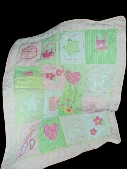 Lambs & Ivy La Petit Bebe Little Princess Green Pink Striped Baby Quilt