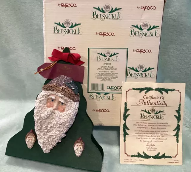 NIB Belsnickle Santa Face Lapel Pin & Earrings Enesco 1997 L Lindquist Baldwin