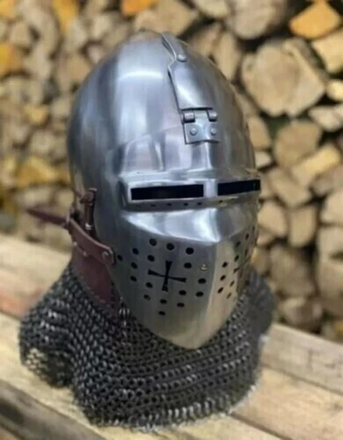 Casque Médiéval Bascinet Acier - Cotte De Mailles - Taille SCA/LARP Calibre 14