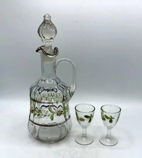 Vintage Hand Painted Glass Decanter With Stopper & 2 Cordial Glasses - Floral
