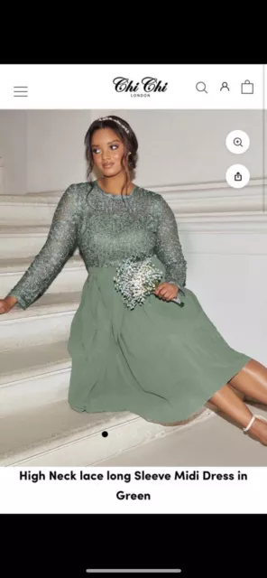 High Neck lace long Sleeve Midi Dress in Green