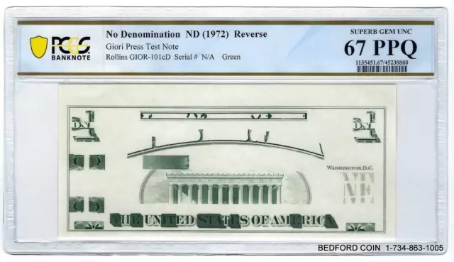 Pcgs Banknote Superb Gem Unc 67 Ppq No Date (1972) Back Giori Press Test Note