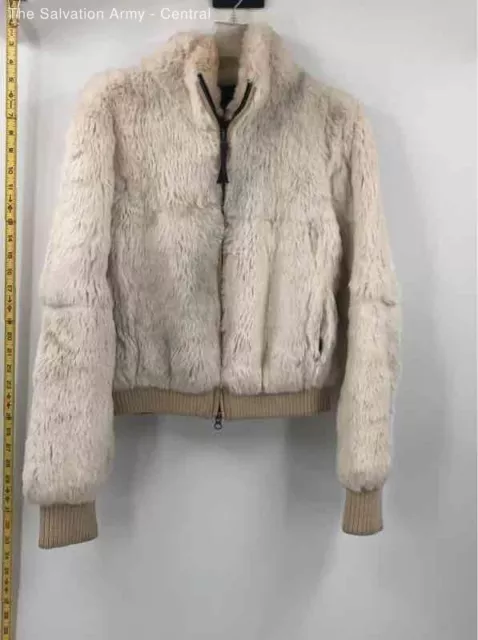 June Womens Cream Rabbit Fur Long Sleeve Full-Zip Bomber Jacket Size Medium