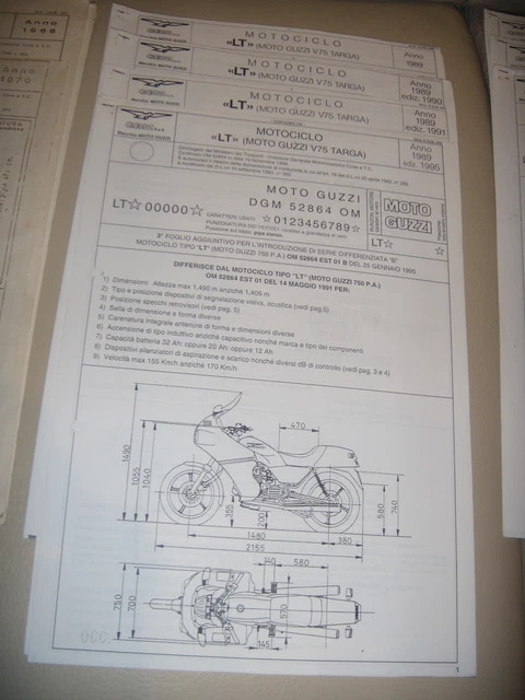 MOTOGUZZI SCHEDA OMOLOGAZIONE LT V75 TARGA 1989  1990 1991 1995 * 1 a SCELTA *