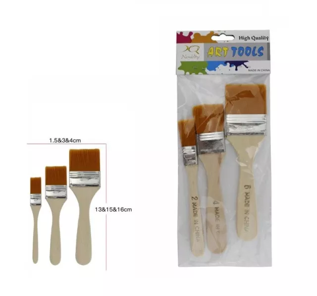 Set 3pz Pennelli Manico Legno Scuola Lavoretti Pittura Varie Misure 64997 dfh