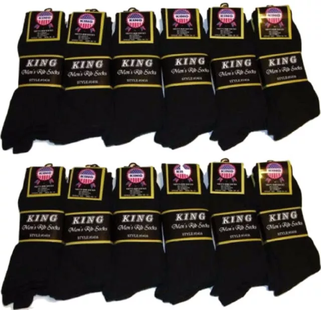 12 Pairs Mens Dress Socks Ribbed Black King #1416 All Black Size 10-13