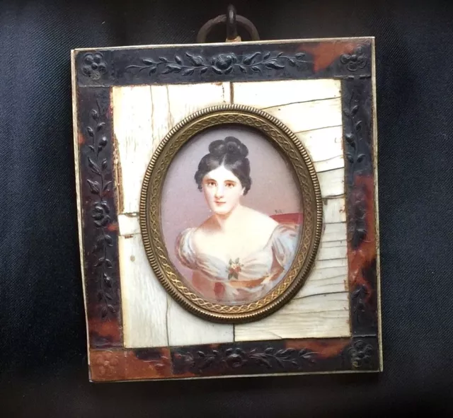 SPECTACULAR 19th Century SIGNED Miniature Portrait PAINTING Brown Haired GIRL