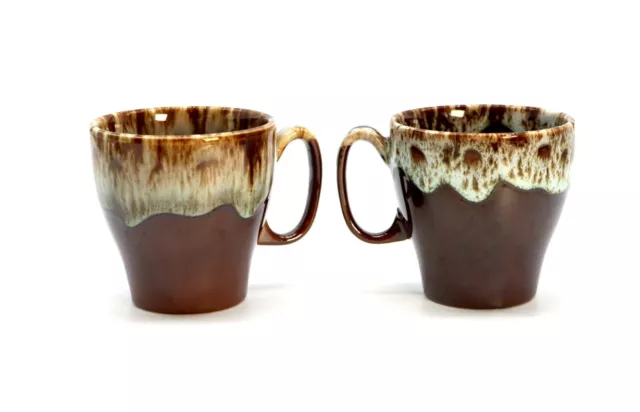 Vintage Pottery Coffee Mugs Cups Brown Drip Glaze  USA Made Set Of 2 - MCM 70s