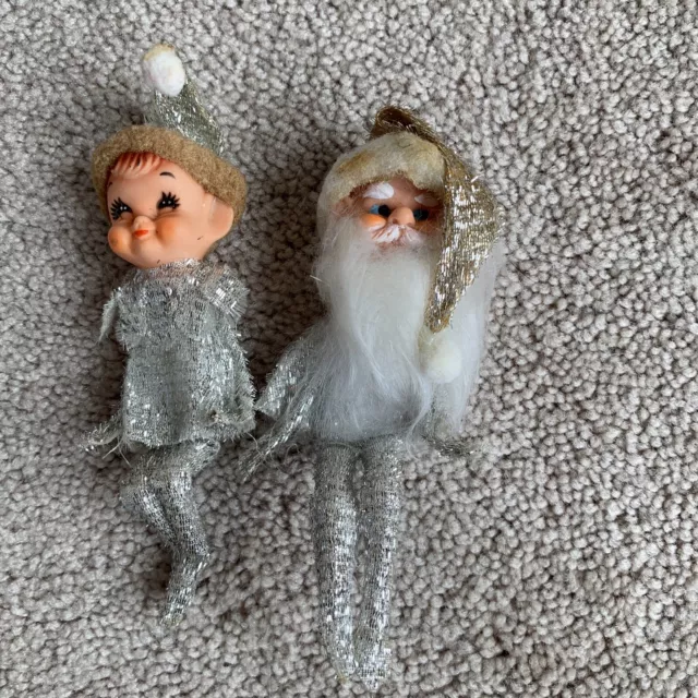 2 Vintage Santa & Pixie Elf SILVER WHITE Knee Hugger Knocker Christmas Japan
