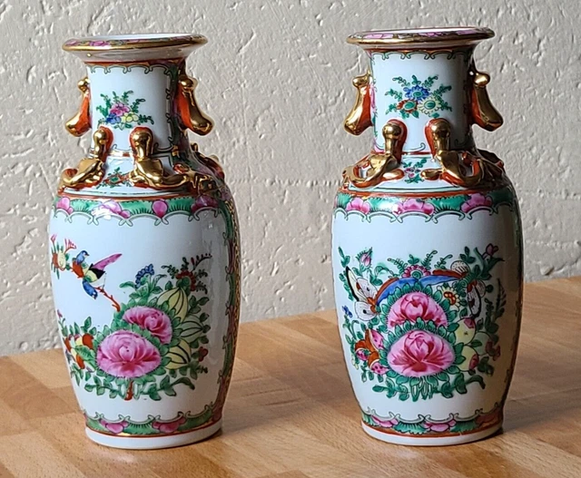 Pair of Chinese Mid 20th Century Small 17cm Vases with Famille Rose Decoration