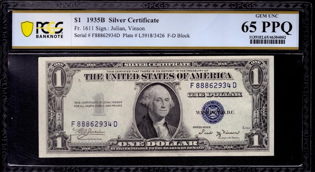 1935 B $1 Silver Certificate Note Fr.1611 Fd Block Pcgs B  Gem Unc 65 Epq (934D)