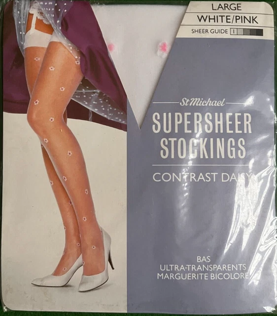 VINTAGE ST MICHAEL Supersheer Stockings White With Pink Daisies Size vintage-st-michael-supersheer-stockings-white-with-pink-daisies-size