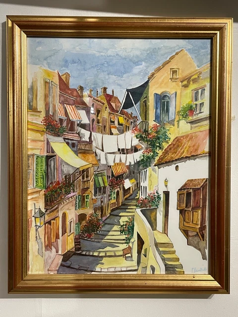 Aquarelle Encadrée - Paysage De Village (ruelle) - Signée 'Claudie' - Sous Verre - Décoration Murale