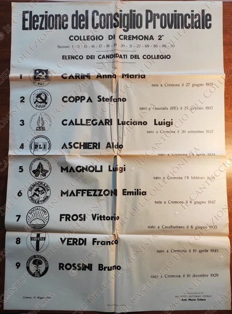 1980 Cremona Elezione Consiglio Provinciale Collegio 2 lista Candidati manifesto