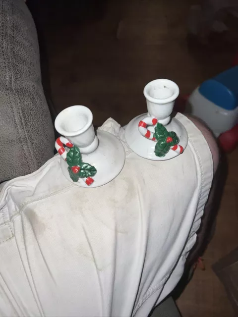 Vintage Candle Holders White with Holly and Candy Cane Set of 2 w/ candles