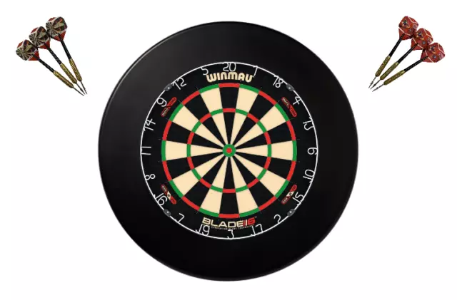 Winmau Blade 6 DUAL CORE Dart Board + Black Dartboard Surround + Darts Bar Gift