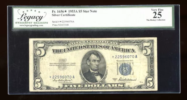 DBR 1953-A $5 Silver STAR Fr. 1656* Legacy 25 Serial *22596070A