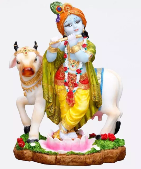 Lord Krishna Jouer Flûte Religieux Idol Statue Résine Avec Kamdhenu Vache 24.1cm