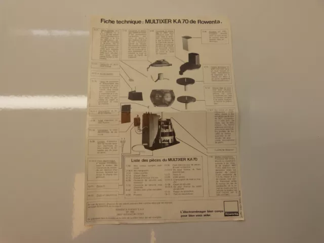 Rowenta Multixer KA-70 / KA70.1 ACCESSOIRES  FICHE TECHNIQUE