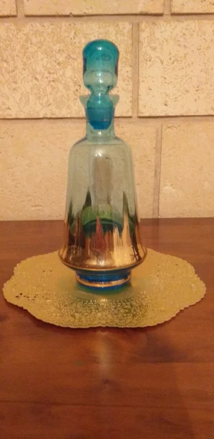 Art-Déco-Carafe En Verre Ciselée Bleue/Dorée + 3 Verres  Années 50 - Fait Main -