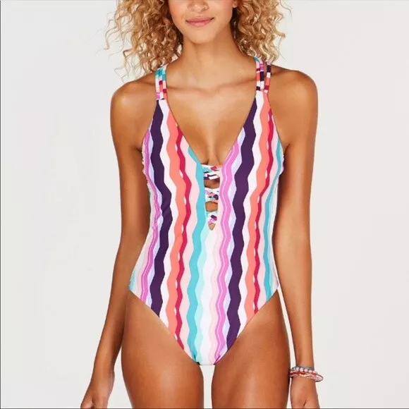 Bar III Waves Printed Strappy High Leg One Piece Swimsuit S NWT