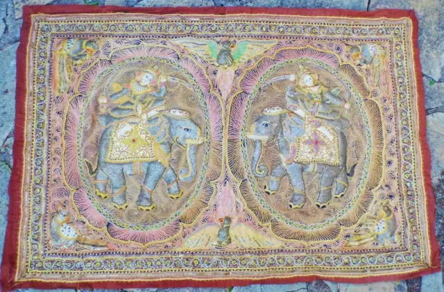 Fine Antique Burmese Kalaga Wall Tapestry Bead Glass Sequins Elephant Embroidery 3