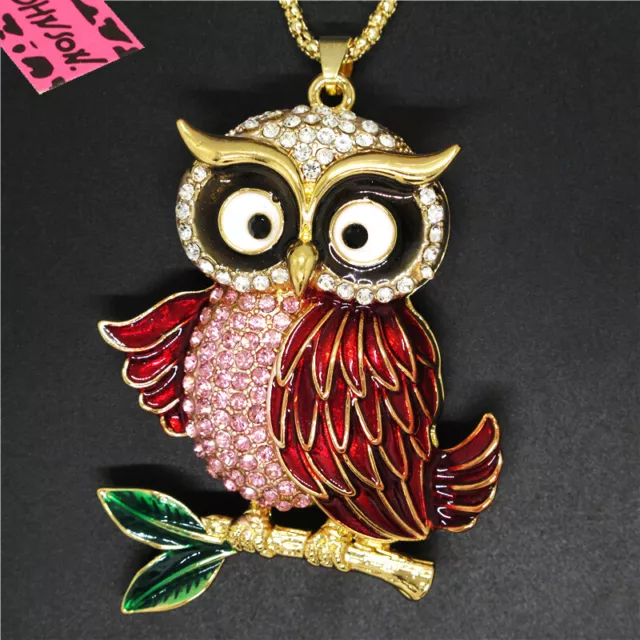 Hot Fashion Women Red Enamel Cute Owl Branch Crystal Pendant Chain Necklace