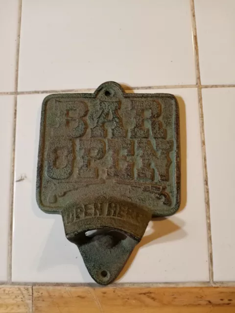 Open Here BAR OPEN Plaque Beer Bottle Opener Rustic Cast Iron Wall Mount Copper