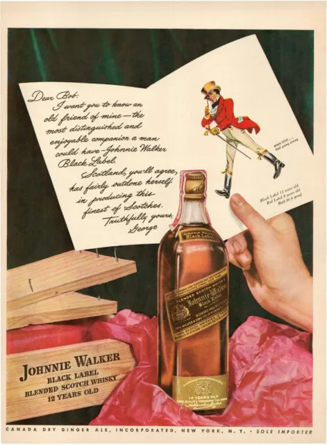 1942 Johnnie Walker Black Label Blended Scotch Whisky Bottle Vintage Print Ad