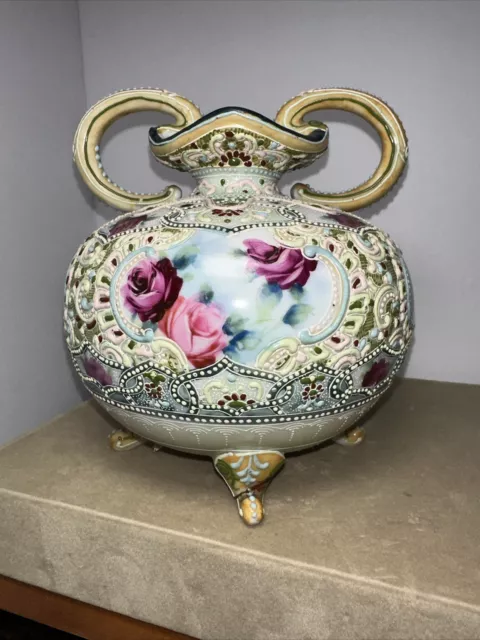 Pre-Nippon Moriage Vase with Stunning Bone China Hand Painted Roses Circa 1790’s