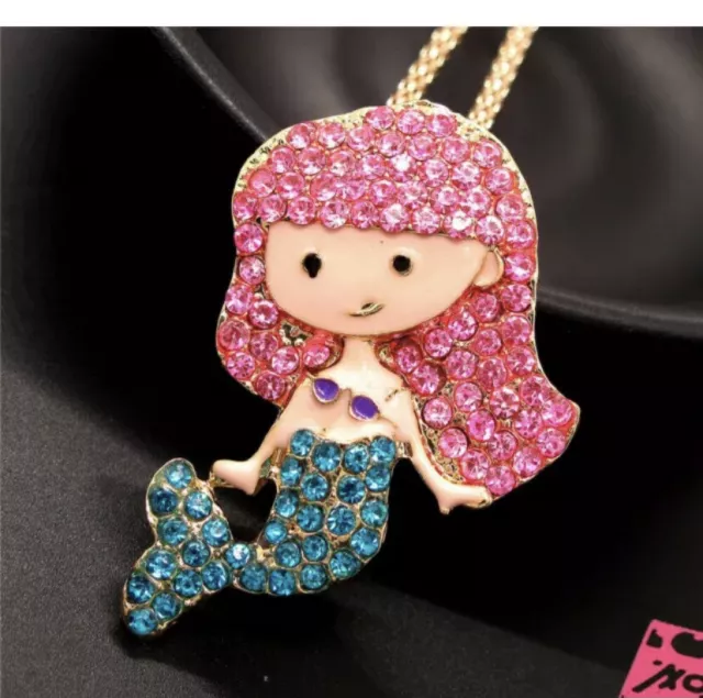 Betsey Johnson Blue Enamel Crystal Rhinestone Mermaid Pendant Necklace NWT