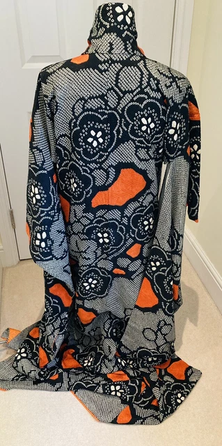 RARO Kimono Vintage Giapponese Nero/Arancione Seta COMPLETO SHIBORI Furisode/Matrimonio S/M