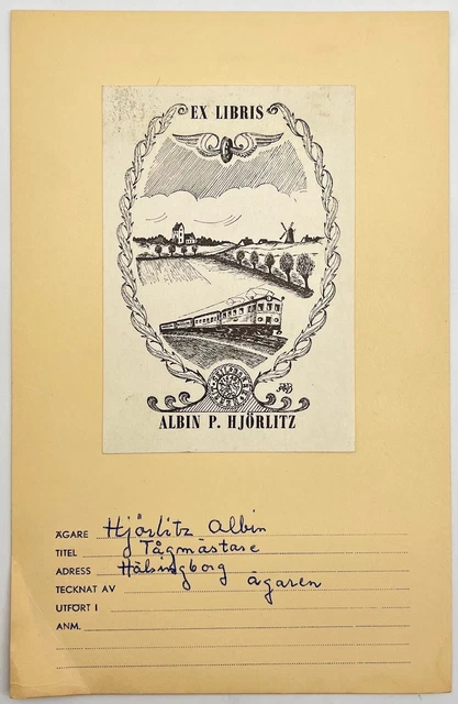 Vintage Ex libris - Albin P. Hjörlitz - Trainmaster - Seil Barre Herrit - Sweden