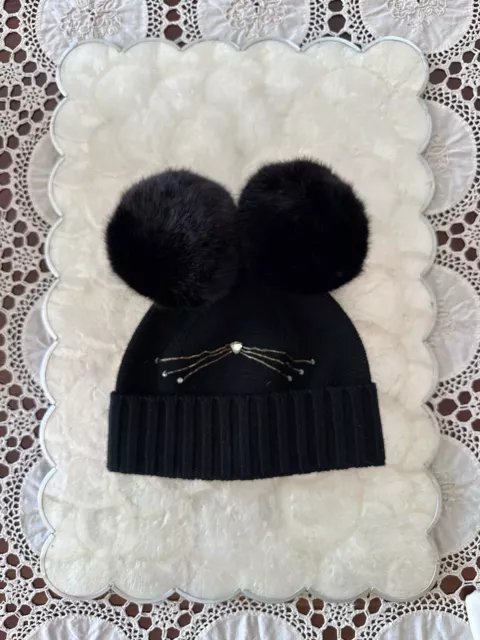 KATE SPADE Women's Wool Knit Cat Meow Beanie Hat One Size Pom Poms Excellent