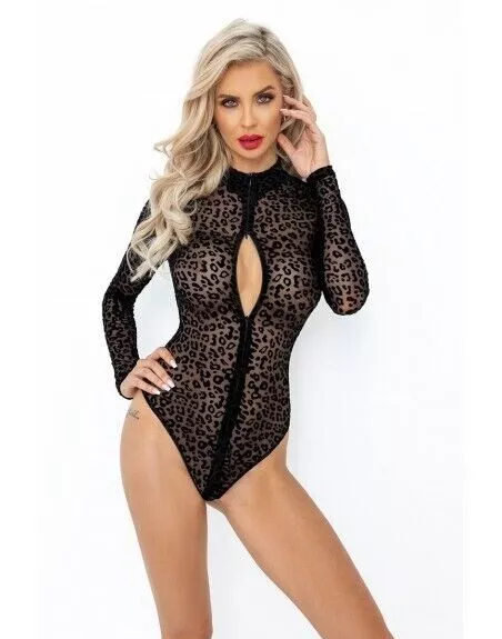 Body con Cerniera Tulle Leopardo F287 Noir HandMade