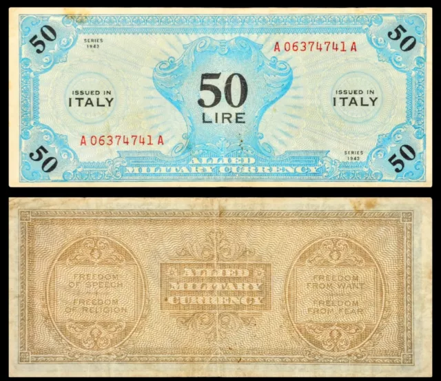 1943 Allied Military Currency 50 Lire Banknote, Italy, Ornaments