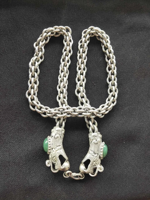 Exquisite Old Chinese tibet silver handmade double dragon inlaid jade Necklace 6