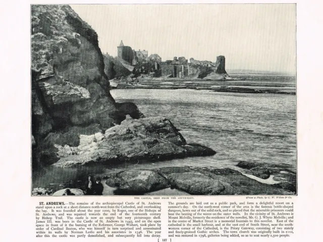 St Andrews Castle Fife Coast Antique Picture Old Victorian Print 1895 RTC#127